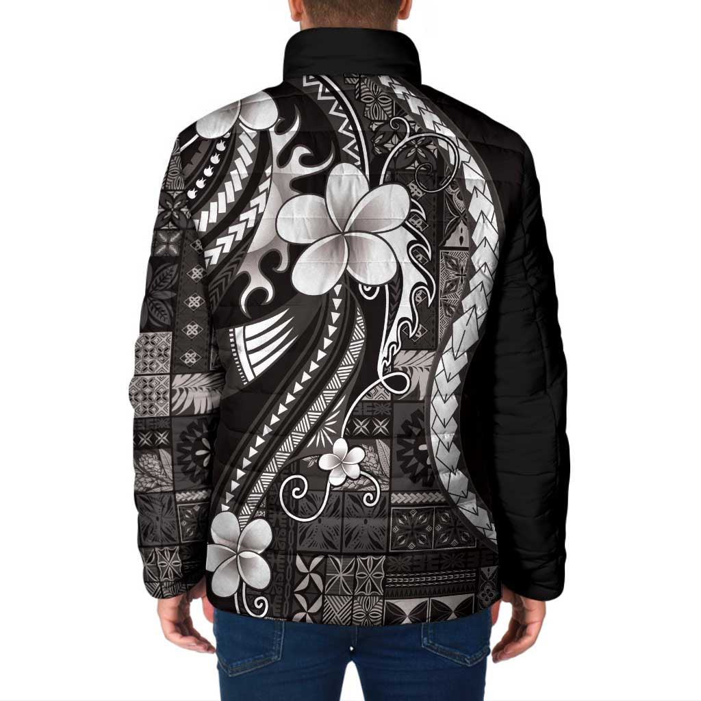 Samoa Siapo Tribal Pattern Padded Jacket Black Polynesian Plumeria Tapa Motif