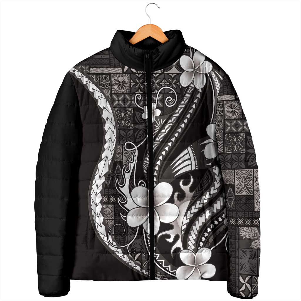 Samoa Siapo Tribal Pattern Padded Jacket Black Polynesian Plumeria Tapa Motif