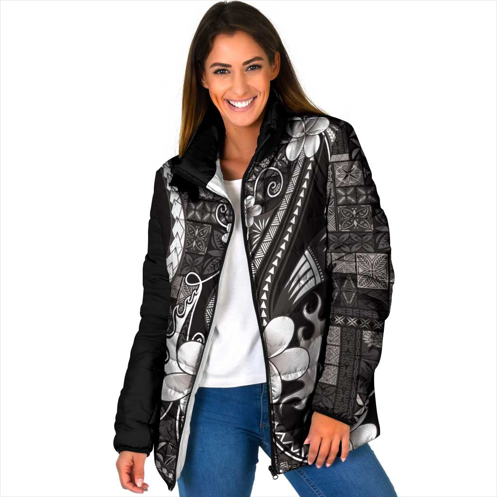Samoa Siapo Tribal Pattern Padded Jacket Black Polynesian Plumeria Tapa Motif
