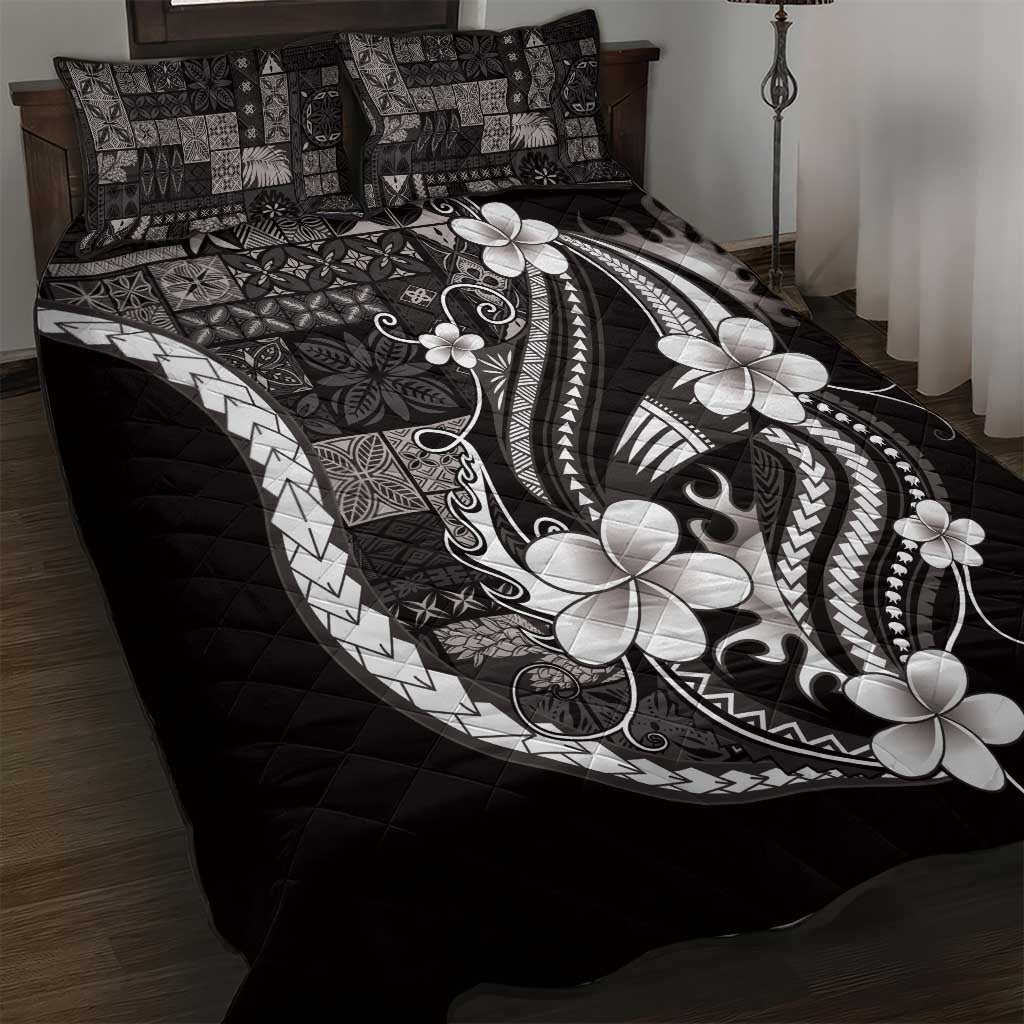 Samoa Siapo Tribal Pattern Quilt Bed Set Black Polynesian Plumeria Tapa Motif