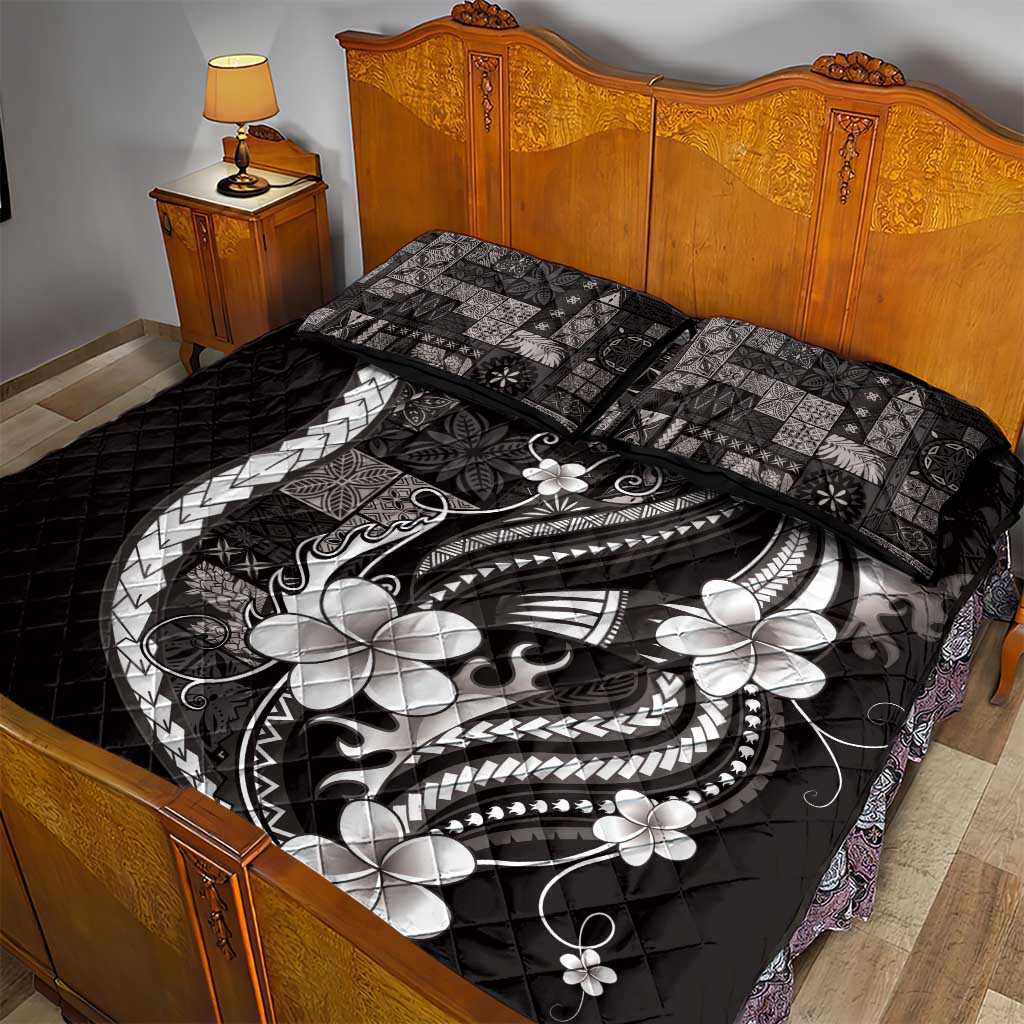 Samoa Siapo Tribal Pattern Quilt Bed Set Black Polynesian Plumeria Tapa Motif