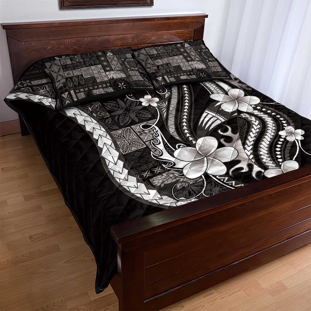 Samoa Siapo Tribal Pattern Quilt Bed Set Black Polynesian Plumeria Tapa Motif