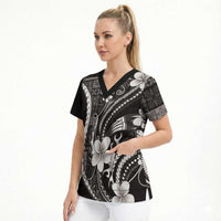 Samoa Siapo Tribal Pattern Scrub Top Black Polynesian Plumeria Tapa Motif