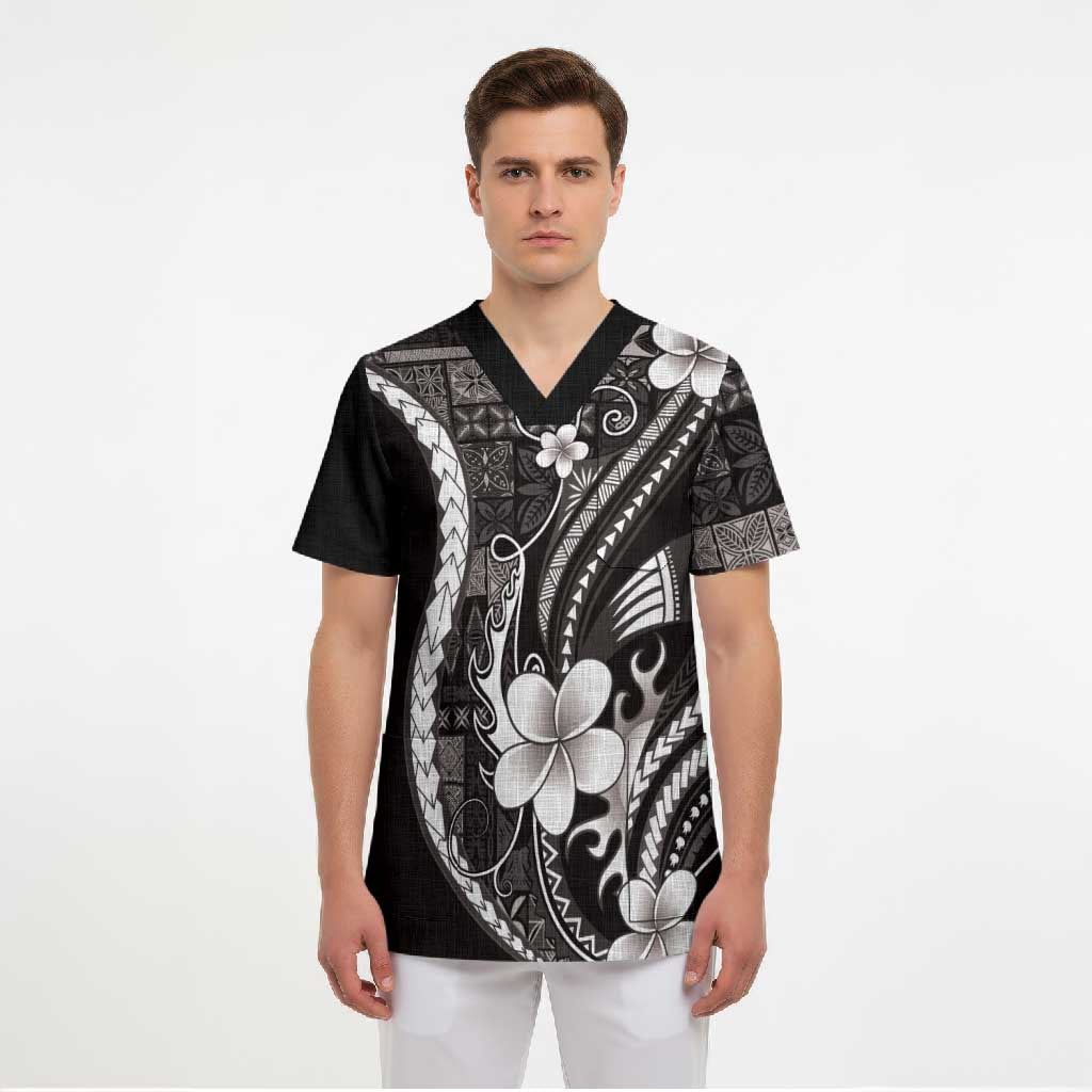 Samoa Siapo Tribal Pattern Scrub Top Black Polynesian Plumeria Tapa Motif