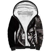 Samoa Siapo Tribal Pattern Sherpa Hoodie Black Polynesian Plumeria Tapa Motif