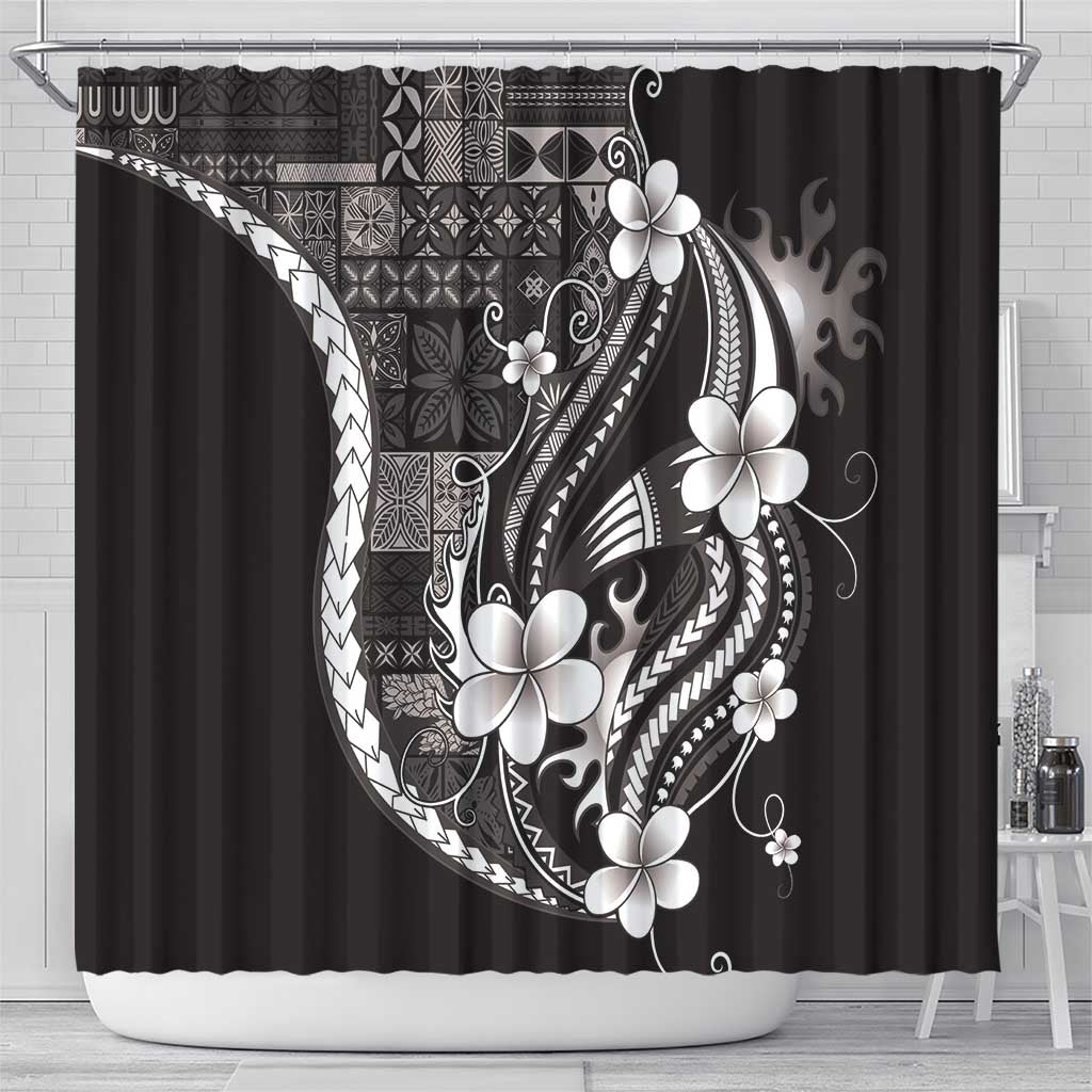 Samoa Siapo Tribal Pattern Shower Curtain Black Polynesian Plumeria Tapa Motif