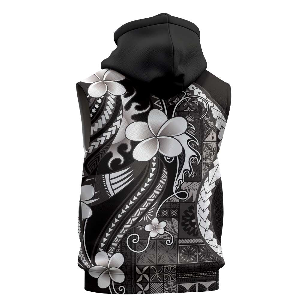 Samoa Siapo Tribal Pattern Sleeveless Hoodie Black Polynesian Plumeria Tapa Motif