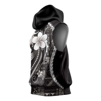 Samoa Siapo Tribal Pattern Sleeveless Hoodie Black Polynesian Plumeria Tapa Motif