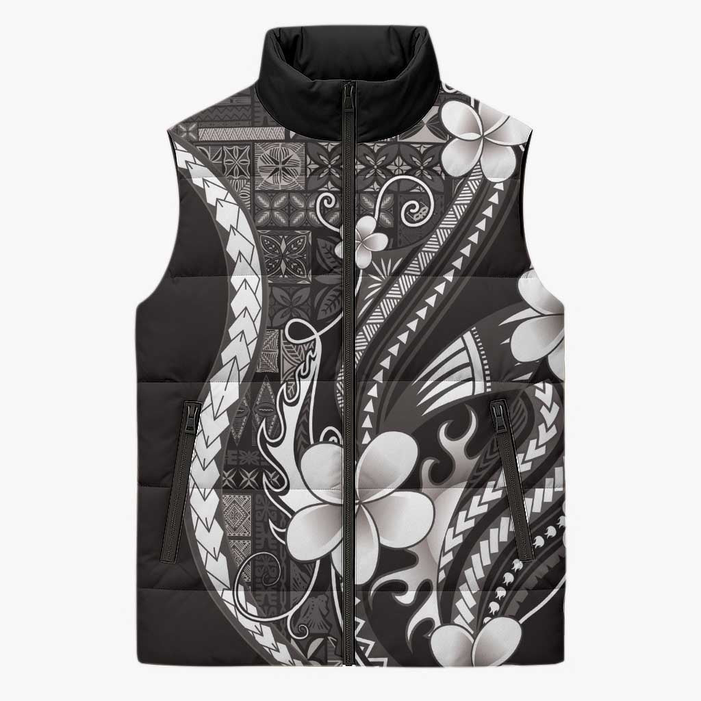 Samoa Siapo Tribal Pattern Sleeveless Puffer Jacket Black Polynesian Plumeria Tapa Motif