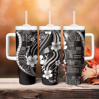 Samoa Siapo Tribal Pattern Tumbler With Handle Black Polynesian Plumeria Tapa Motif
