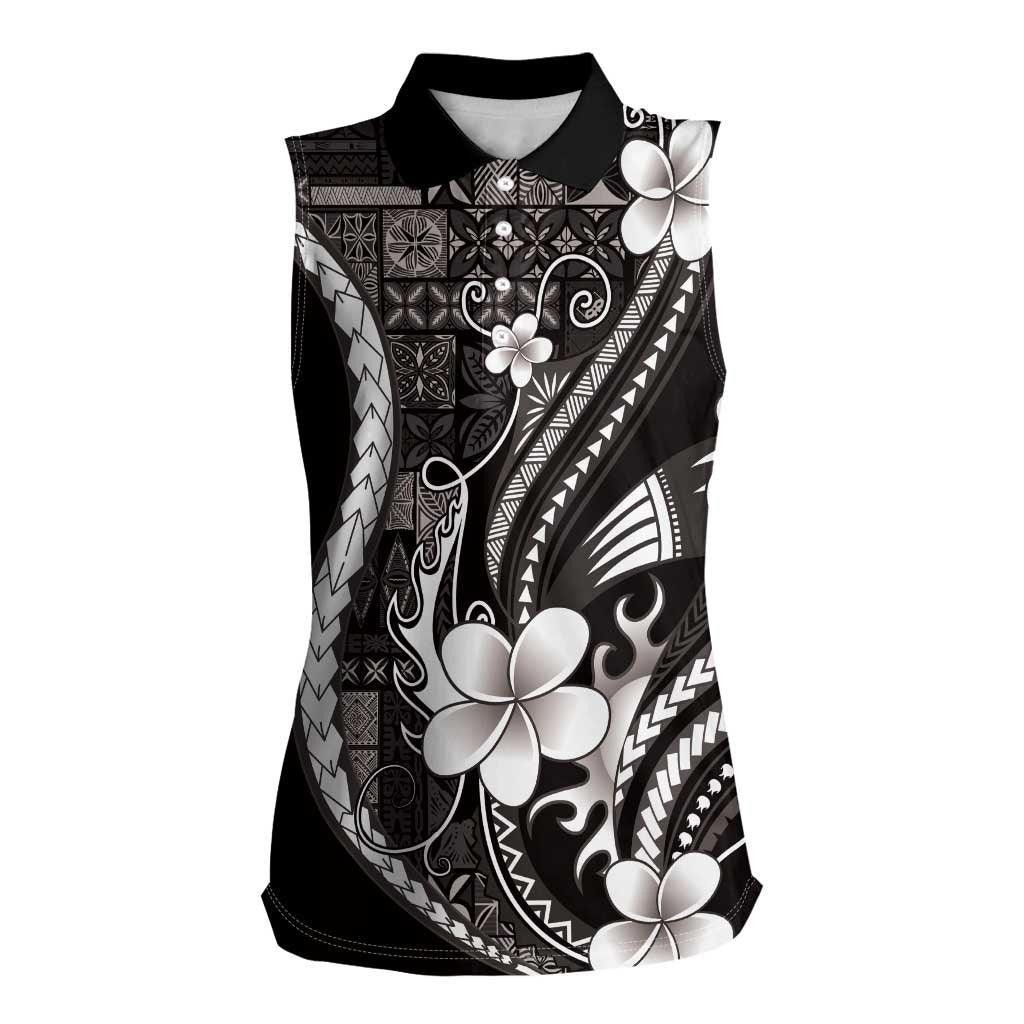 Samoa Siapo Tribal Pattern Women Sleeveless Polo Shirt Black Polynesian Plumeria Tapa Motif LT9 Female Black - Polynesian Pride