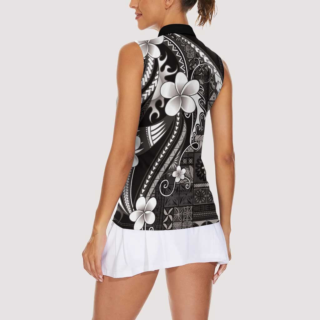 Samoa Siapo Tribal Pattern Women Sleeveless Polo Shirt Black Polynesian Plumeria Tapa Motif LT9 - Polynesian Pride