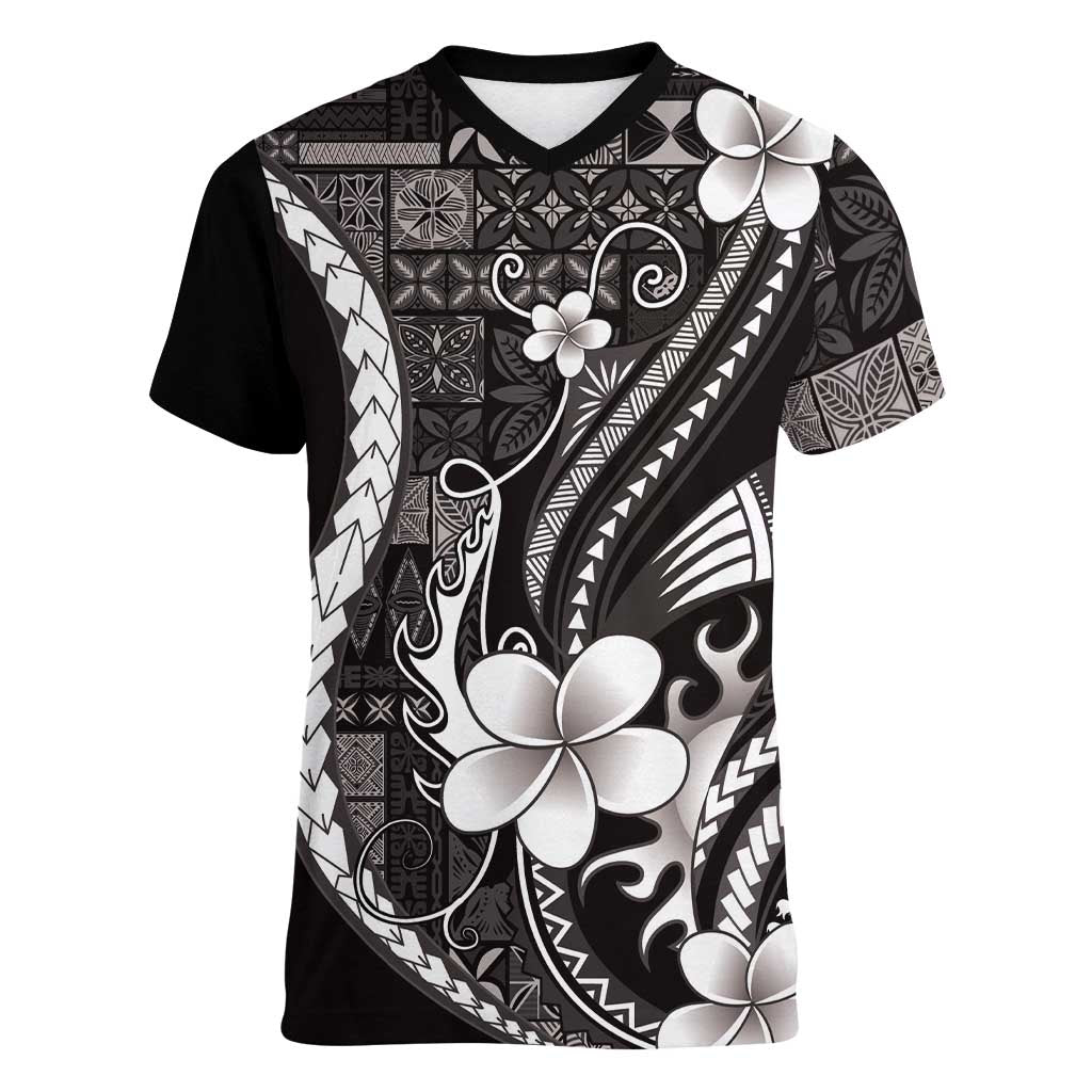 Samoa Siapo Tribal Pattern Women V-Neck T-Shirt Black Polynesian Plumeria Tapa Motif LT9 Female Black - Polynesian Pride