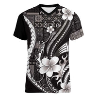 Samoa Siapo Tribal Pattern Women V-Neck T-Shirt Black Polynesian Plumeria Tapa Motif LT9 Female Black - Polynesian Pride