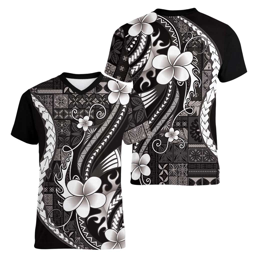 Samoa Siapo Tribal Pattern Women V-Neck T-Shirt Black Polynesian Plumeria Tapa Motif LT9 - Polynesian Pride