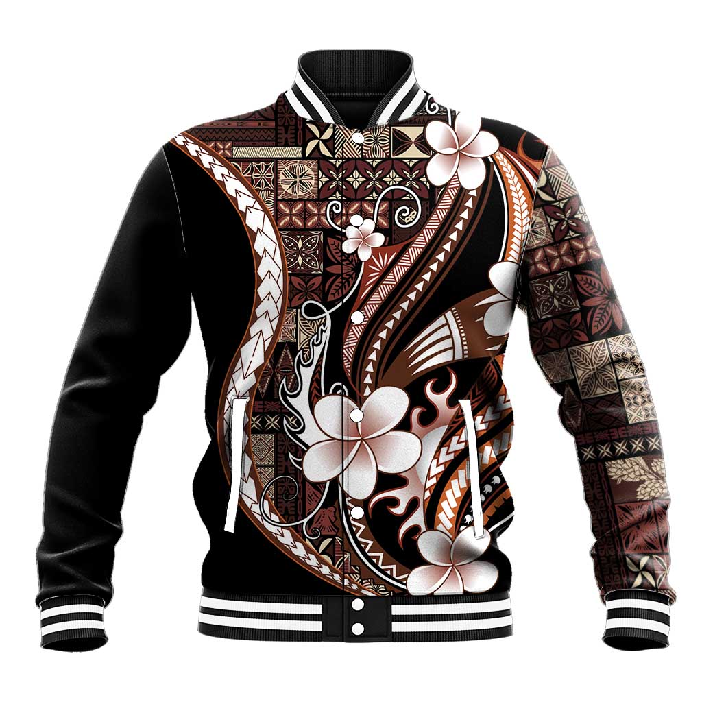 Samoa Siapo Tribal Pattern Baseball Jacket Brown Polynesian Plumeria Tapa Motif