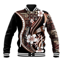 Samoa Siapo Tribal Pattern Baseball Jacket Brown Polynesian Plumeria Tapa Motif