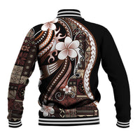 Samoa Siapo Tribal Pattern Baseball Jacket Brown Polynesian Plumeria Tapa Motif