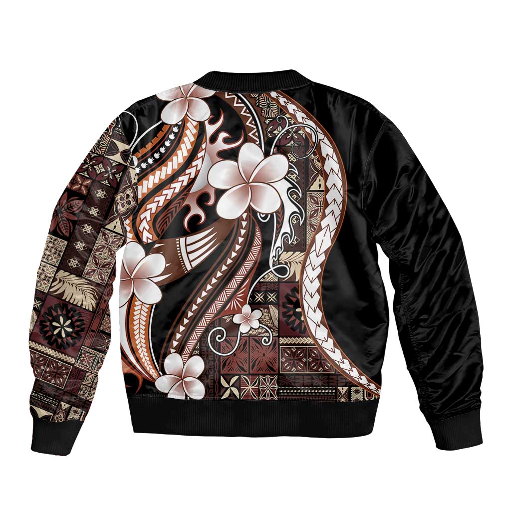 Samoa Siapo Tribal Pattern Bomber Jacket Brown Polynesian Plumeria Tapa Motif LT9 - Polynesian Pride