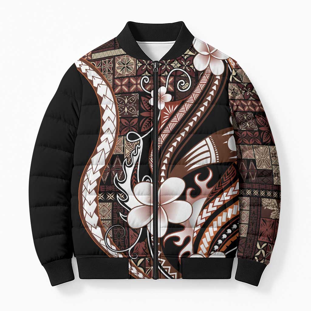 Samoa Siapo Tribal Pattern Bomber Puffer Jacket Brown Polynesian Plumeria Tapa Motif