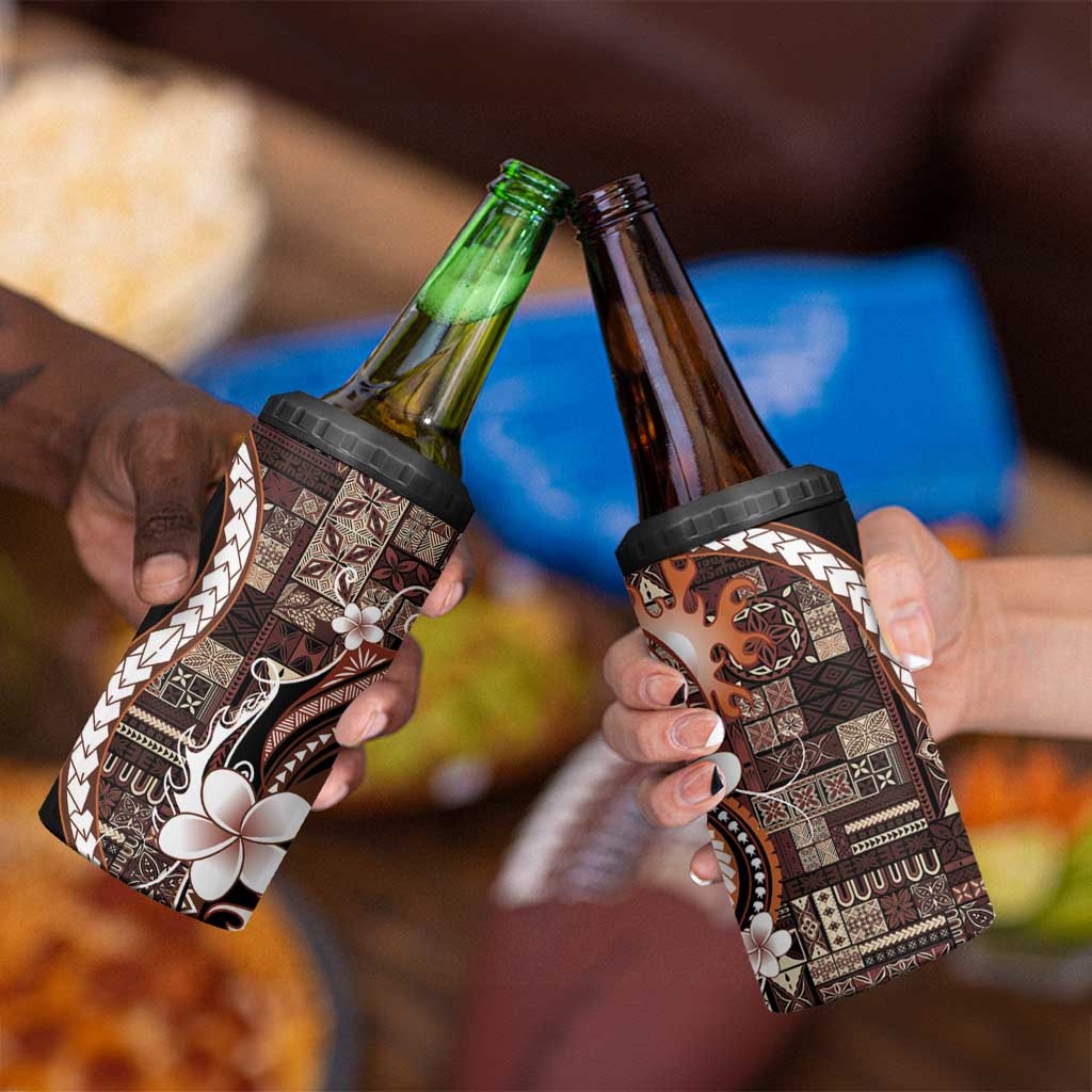 Samoa Siapo Tribal Pattern 4 in 1 Can Cooler Tumbler Brown Polynesian Plumeria Tapa Motif