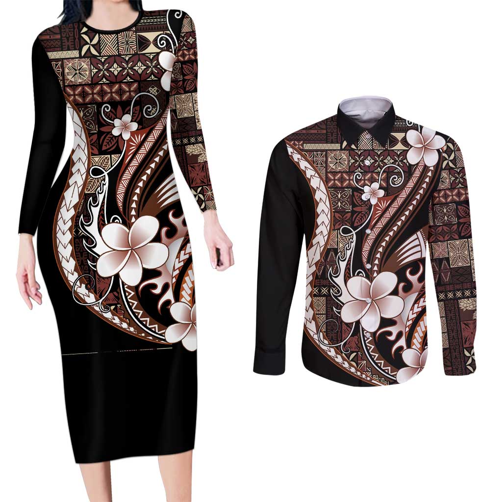 Samoa Siapo Tribal Pattern Couples Matching Long Sleeve Bodycon Dress and Long Sleeve Button Shirt Brown Polynesian Plumeria Tapa Motif LT9 Brown - Polynesian Pride