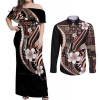 Samoa Siapo Tribal Pattern Couples Matching Off Shoulder Maxi Dress and Long Sleeve Button Shirt Brown Polynesian Plumeria Tapa Motif LT9 Brown - Polynesian Pride