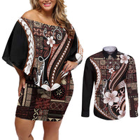Samoa Siapo Tribal Pattern Couples Matching Off Shoulder Short Dress and Long Sleeve Button Shirt Brown Polynesian Plumeria Tapa Motif LT9 Brown - Polynesian Pride