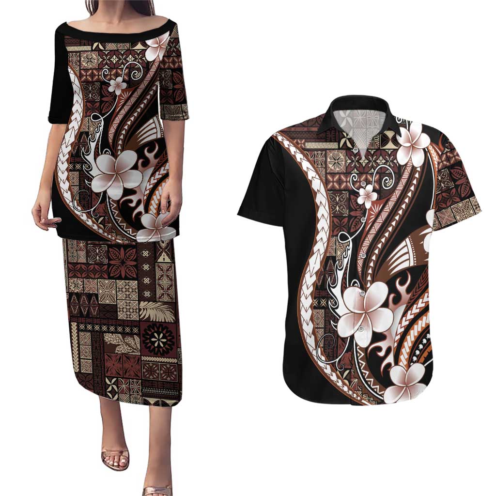 Samoa Siapo Tribal Pattern Couples Matching Puletasi and Hawaiian Shirt Brown Polynesian Plumeria Tapa Motif LT9 Brown - Polynesian Pride