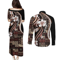 Samoa Siapo Tribal Pattern Couples Matching Puletasi and Long Sleeve Button Shirt Brown Polynesian Plumeria Tapa Motif