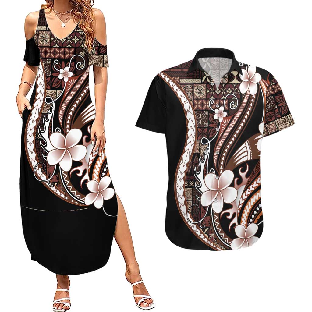 Samoa Siapo Tribal Pattern Couples Matching Summer Maxi Dress and Hawaiian Shirt Brown Polynesian Plumeria Tapa Motif