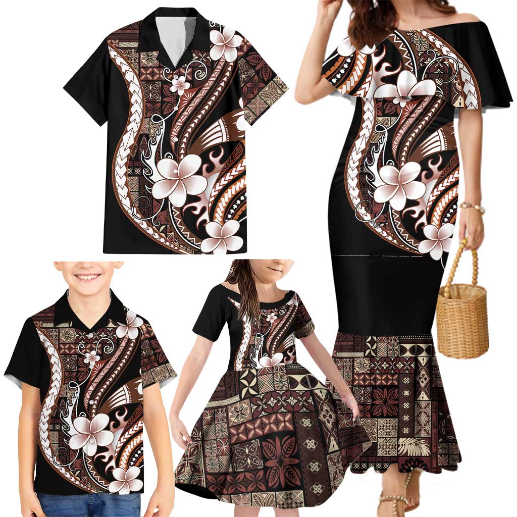 Samoa Siapo Tribal Pattern Family Matching Mermaid Dress and Hawaiian Shirt Brown Polynesian Plumeria Tapa Motif LT9 - Polynesian Pride