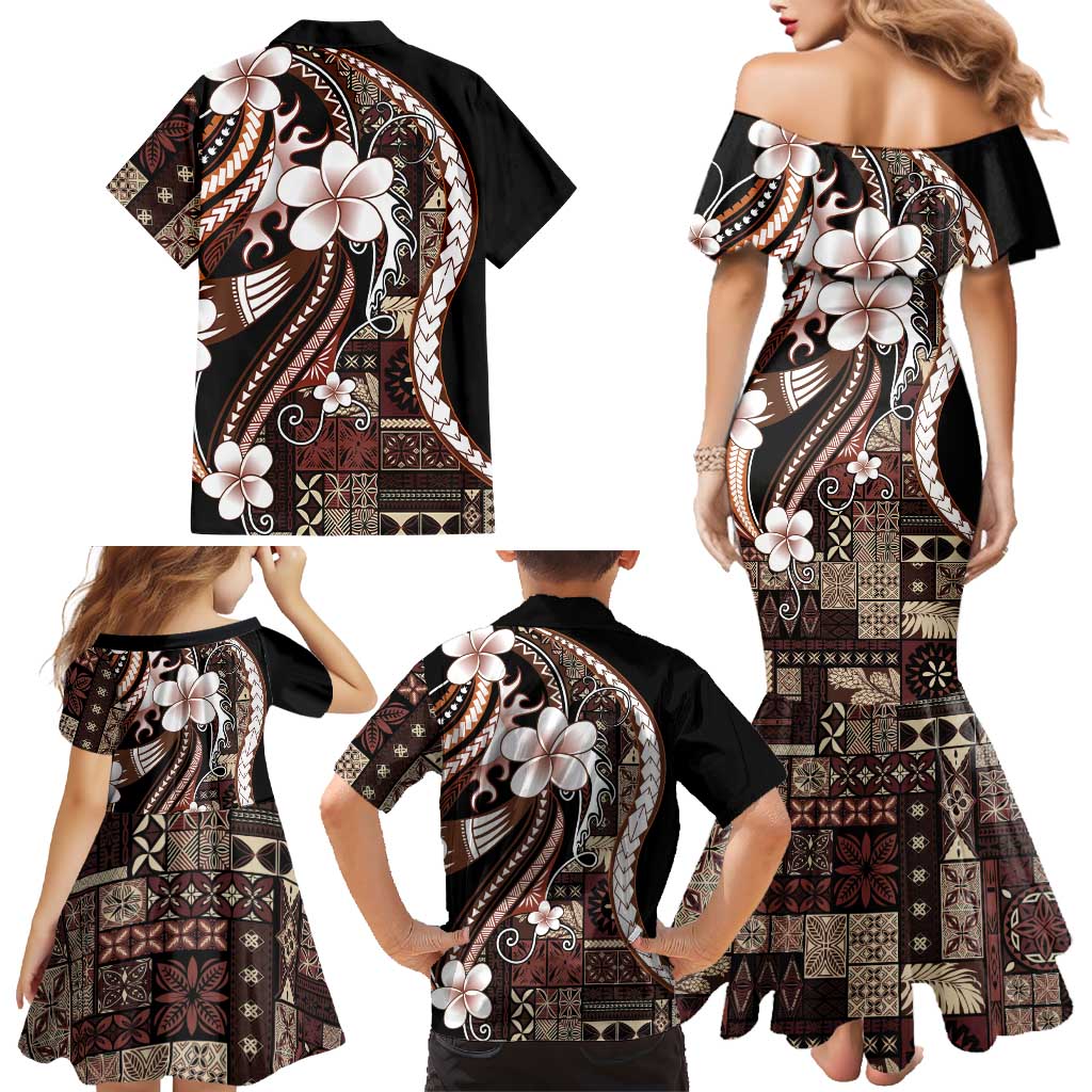 Samoa Siapo Tribal Pattern Family Matching Mermaid Dress and Hawaiian Shirt Brown Polynesian Plumeria Tapa Motif LT9 - Polynesian Pride