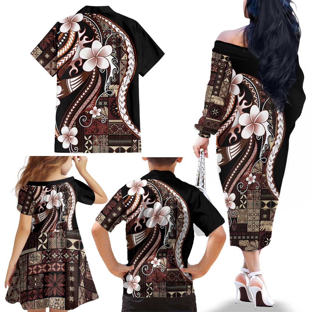 Samoa Siapo Tribal Pattern Family Matching Off The Shoulder Long Sleeve Dress and Hawaiian Shirt Brown Polynesian Plumeria Tapa Motif LT9 - Polynesian Pride