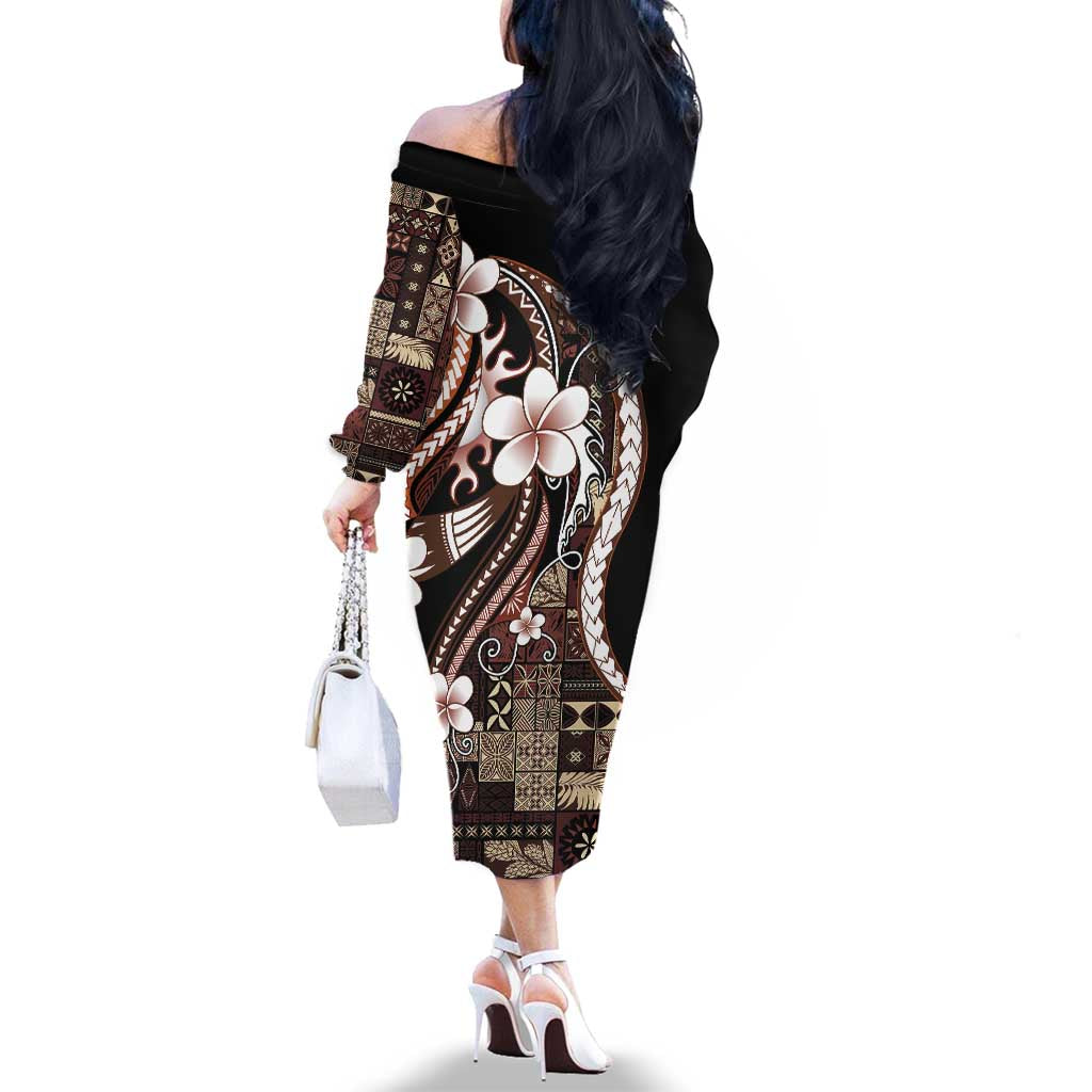 Samoa Siapo Tribal Pattern Family Matching Off The Shoulder Long Sleeve Dress and Hawaiian Shirt Brown Polynesian Plumeria Tapa Motif LT9 - Polynesian Pride