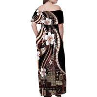 Samoa Siapo Tribal Pattern Family Matching Off Shoulder Maxi Dress and Hawaiian Shirt Brown Polynesian Plumeria Tapa Motif