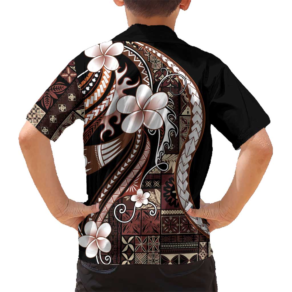 Samoa Siapo Tribal Pattern Family Matching Off Shoulder Short Dress and Hawaiian Shirt Brown Polynesian Plumeria Tapa Motif