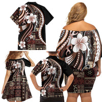 Samoa Siapo Tribal Pattern Family Matching Off Shoulder Short Dress and Hawaiian Shirt Brown Polynesian Plumeria Tapa Motif