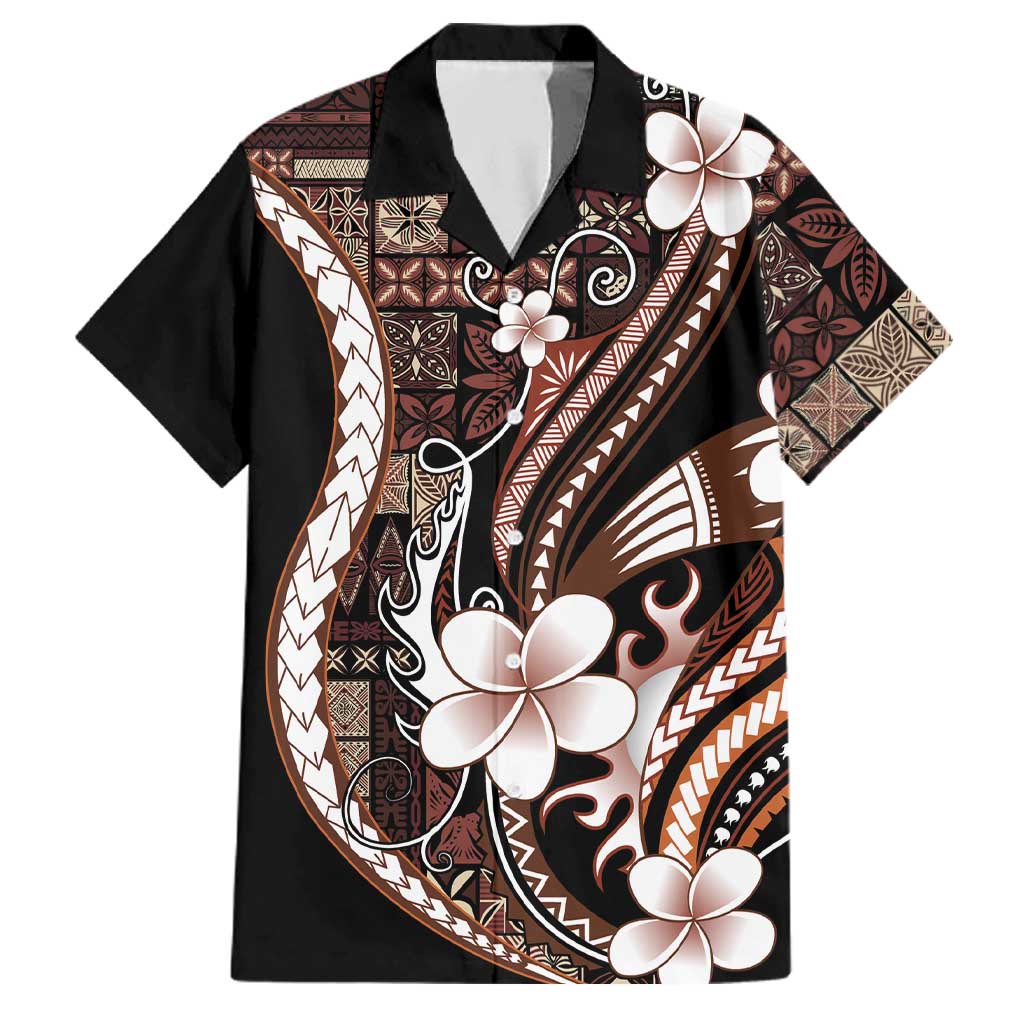 Samoa Siapo Tribal Pattern Family Matching Off Shoulder Short Dress and Hawaiian Shirt Brown Polynesian Plumeria Tapa Motif