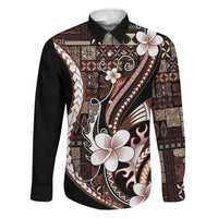 Samoa Siapo Tribal Pattern Family Matching Off Shoulder Short Dress and Hawaiian Shirt Brown Polynesian Plumeria Tapa Motif