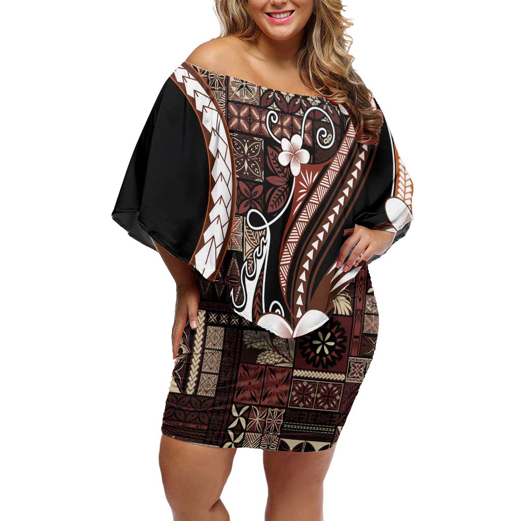 Samoa Siapo Tribal Pattern Family Matching Off Shoulder Short Dress and Hawaiian Shirt Brown Polynesian Plumeria Tapa Motif