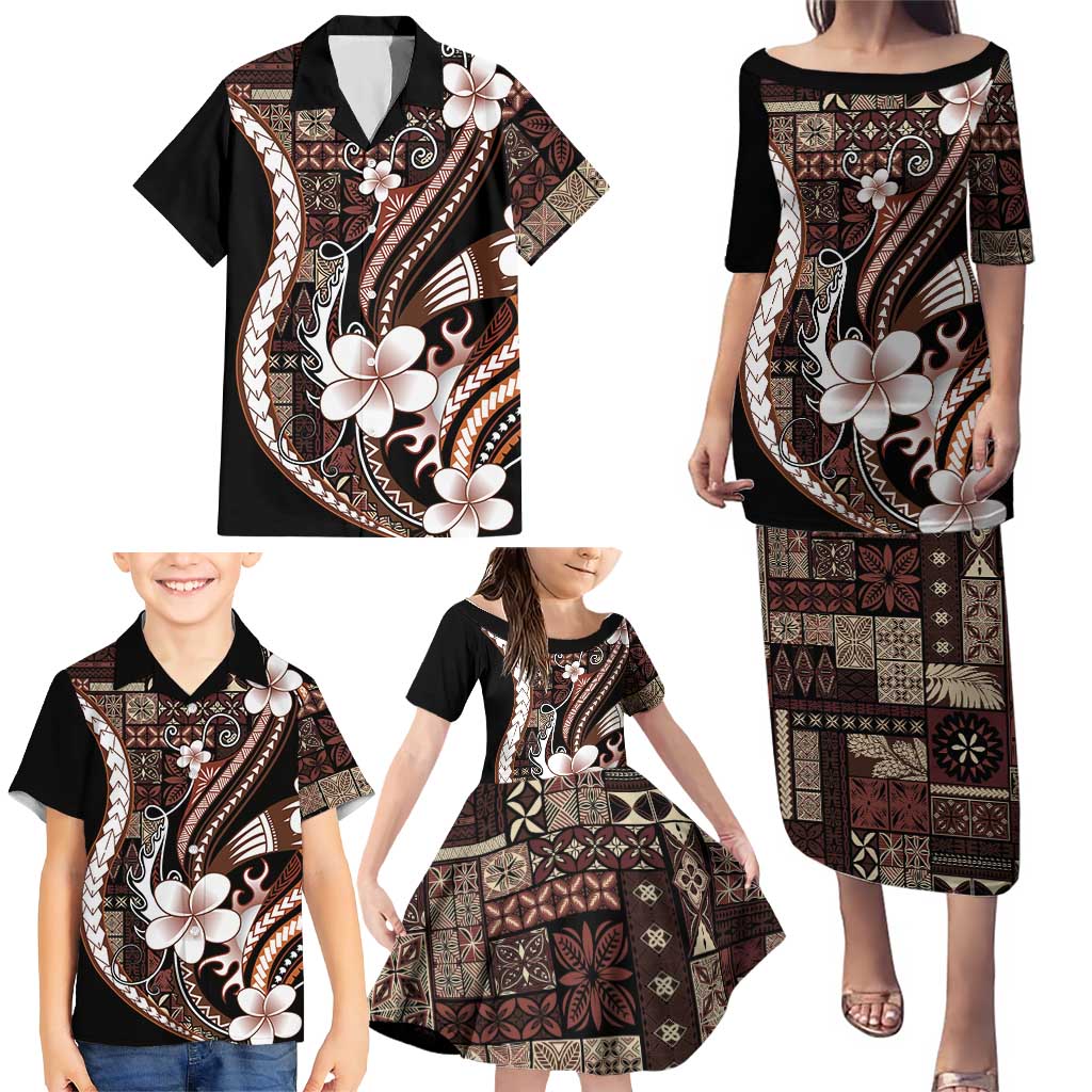 Samoa Siapo Tribal Pattern Family Matching Puletasi and Hawaiian Shirt Brown Polynesian Plumeria Tapa Motif