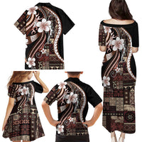Samoa Siapo Tribal Pattern Family Matching Puletasi and Hawaiian Shirt Brown Polynesian Plumeria Tapa Motif