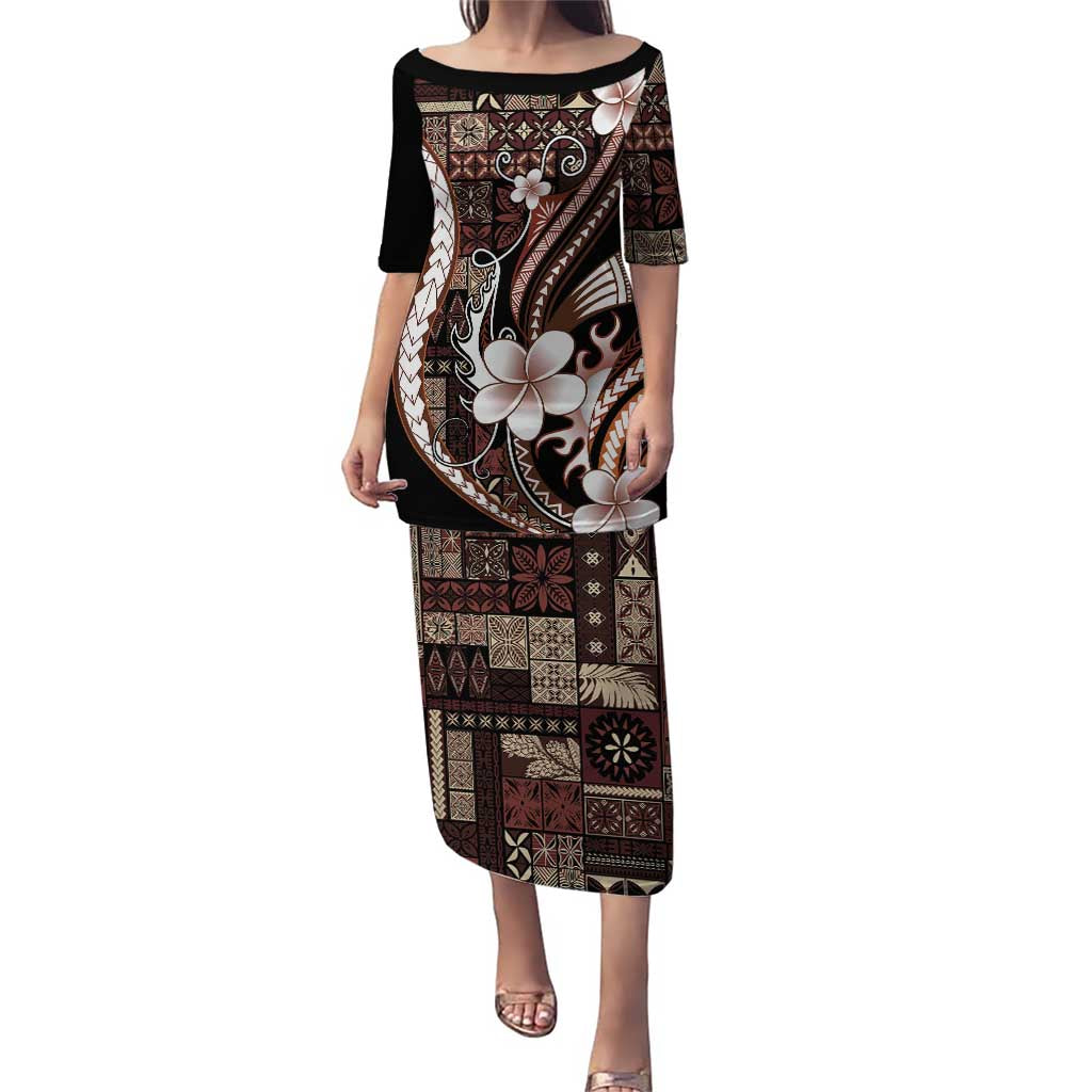 Samoa Siapo Tribal Pattern Family Matching Puletasi and Hawaiian Shirt Brown Polynesian Plumeria Tapa Motif