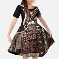 Samoa Siapo Tribal Pattern Family Matching Short Sleeve Bodycon Dress and Hawaiian Shirt Brown Polynesian Plumeria Tapa Motif LT9 Daughter's Dress Brown - Polynesian Pride
