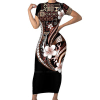 Samoa Siapo Tribal Pattern Family Matching Short Sleeve Bodycon Dress and Hawaiian Shirt Brown Polynesian Plumeria Tapa Motif LT9 Mom's Dress Brown - Polynesian Pride