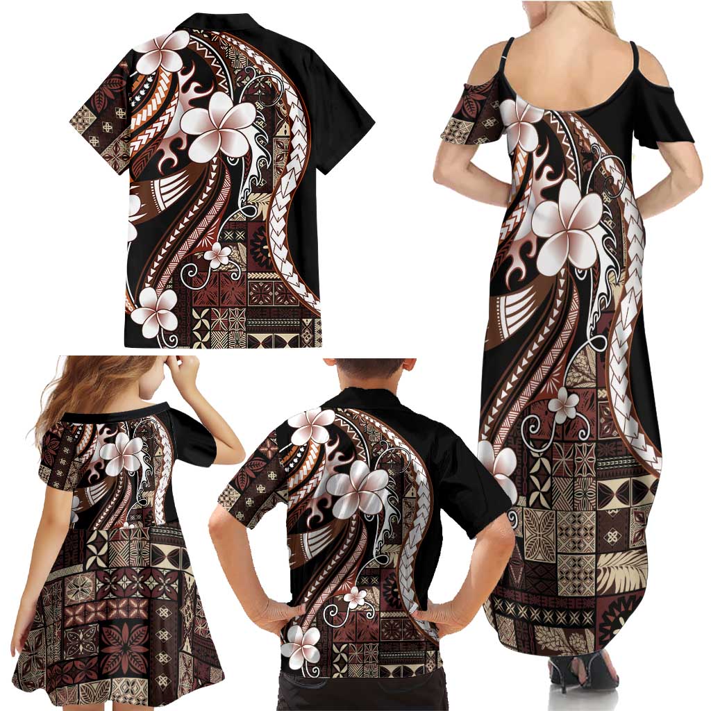 Samoa Siapo Tribal Pattern Family Matching Summer Maxi Dress and Hawaiian Shirt Brown Polynesian Plumeria Tapa Motif