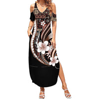 Samoa Siapo Tribal Pattern Family Matching Summer Maxi Dress and Hawaiian Shirt Brown Polynesian Plumeria Tapa Motif