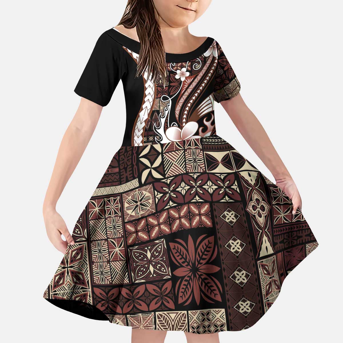 Samoa Siapo Tribal Pattern Kid Short Sleeve Dress Brown Polynesian Plumeria Tapa Motif