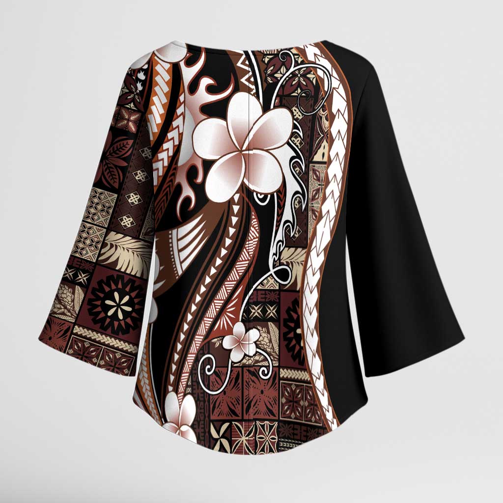 Samoa Siapo Tribal Pattern Kimono Sleeve Blouse Brown Polynesian Plumeria Tapa Motif